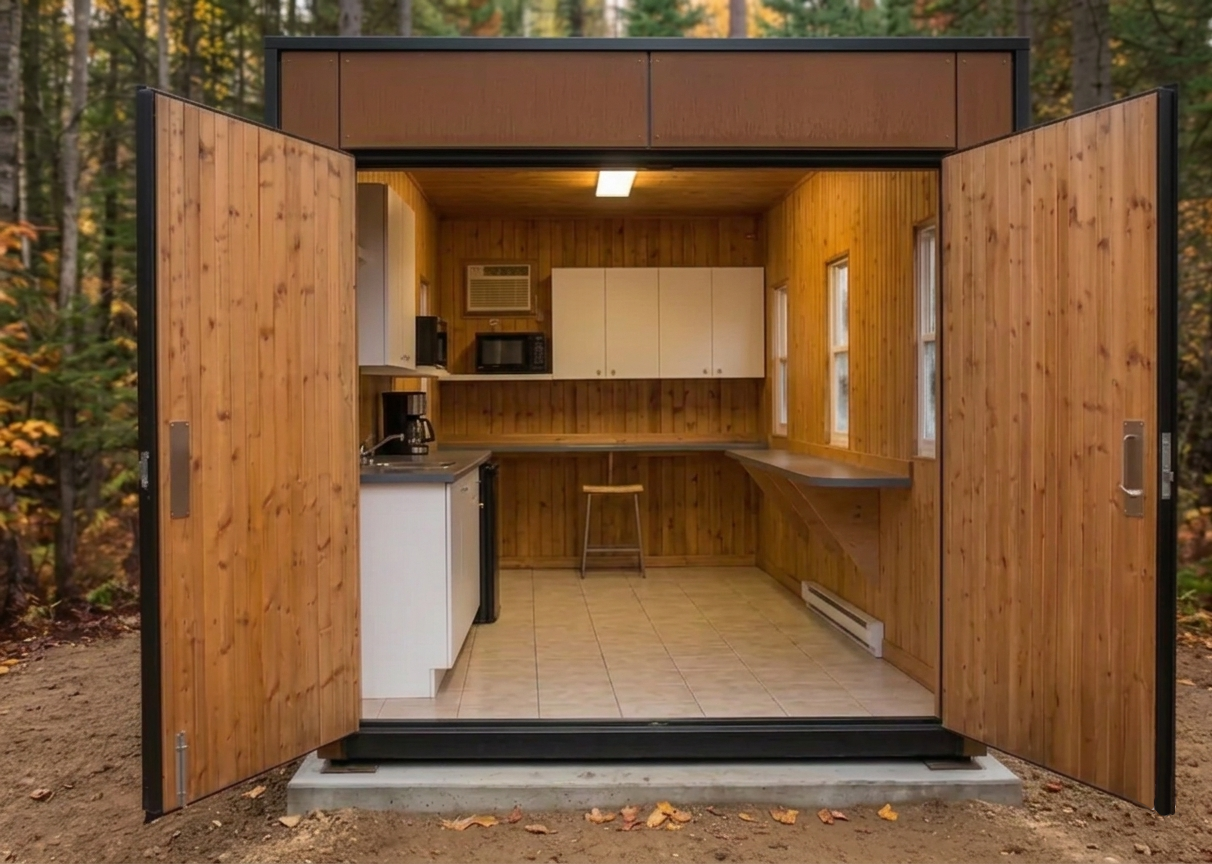 Camp de chasse en conteneur — installation en milieu forestier, Expert SES